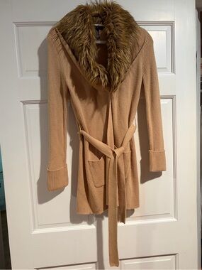 International Concepts Faux Fur Collar Camel Knit Belted Cardigan